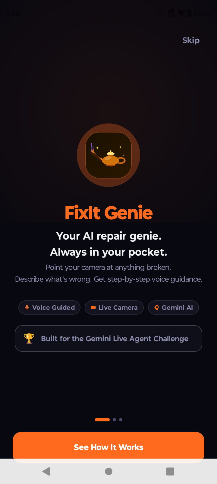 FixIt Genie onboarding intro on Android